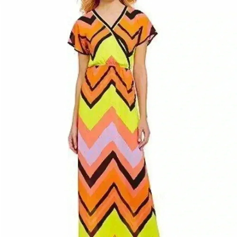 GIBSON LATIMER Florescent Chevron Orange and Yellow Maxi Dress - size Small